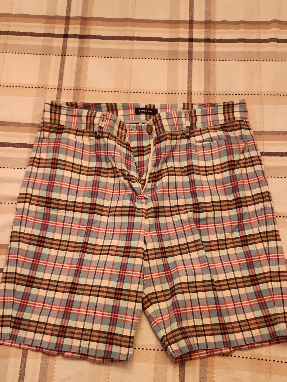 Lands' End Multicolor Plaid Cotton Shorts — Light Blue, Brown, Pink